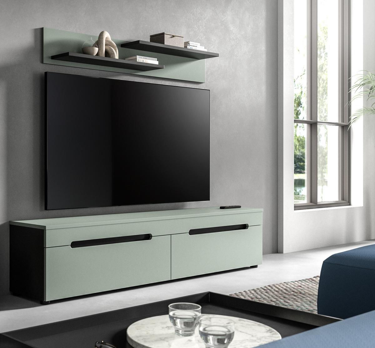 WOHNKOMBINATION Salbei grün, grau, 2er Set Lowboard 170 cm und Wandboard - Salbeigrün/Schwarz, Holzwerkstoff/Kunststoff (170/180/33cm) - Inn.Furn