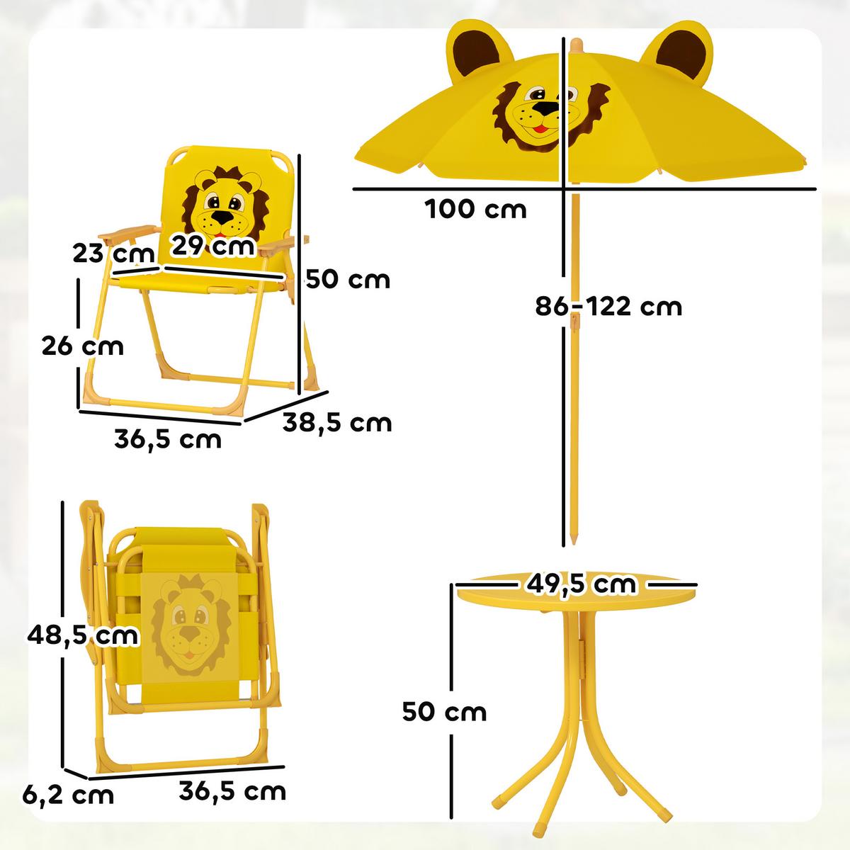4 tlg. Kindersitzgruppe Garten Kindersitzgarnitur mit Sonnenschirm Klappstühle - Gelb, Metall - AIYAPLAY