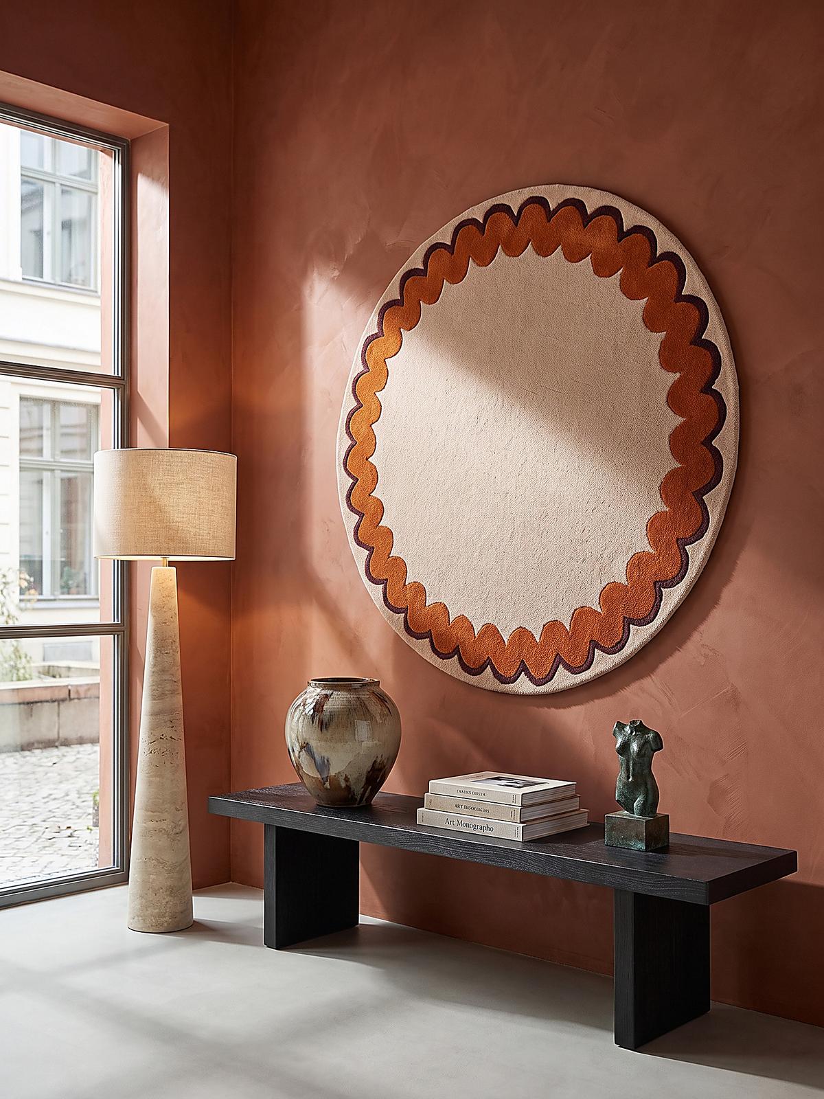 WOLLTEPPICH handgetuftet WAVENEY, Zickzack-Wellenbordüre, Orange, Ø 160 cm - Orange, Textil (160/160cm) - KADIMA DESIGN