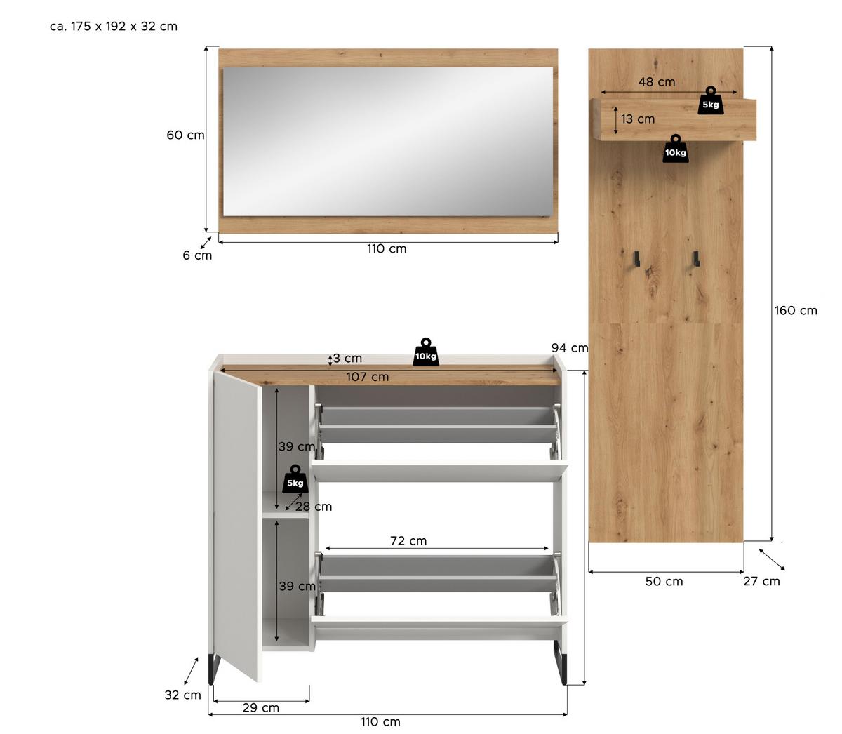 GARDEROBE-SET weiß und Artisan Eiche, Garderobe 3-teilig, 175 x 192 cm, Soft-Close, Borga - Schwarz/Weiß, Holzwerkstoff/Metall (175/192/32cm) - Inn.Furn