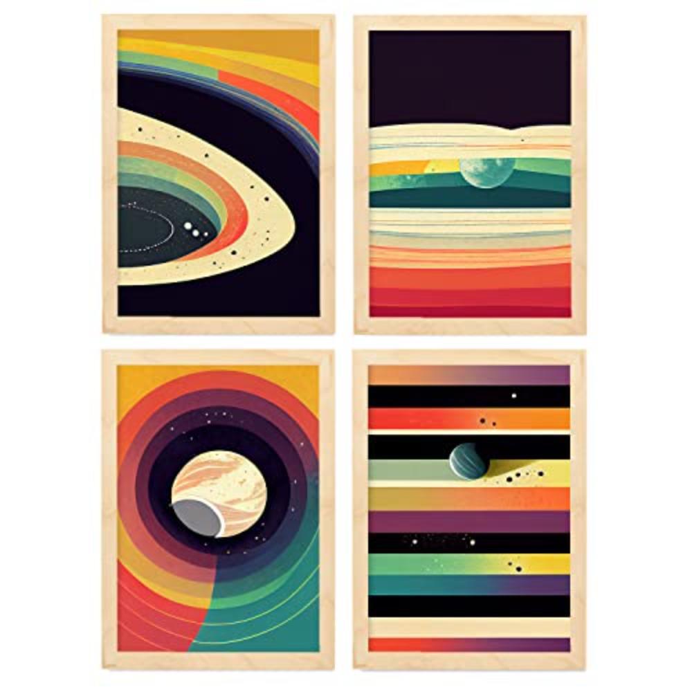 POSTER Set mit 4 Kreisförmig Abstrakt Moderne Galaxien A3 Rahmen aus hellem Holz - Beige, Papier (29.7/3cm) - Nacnic