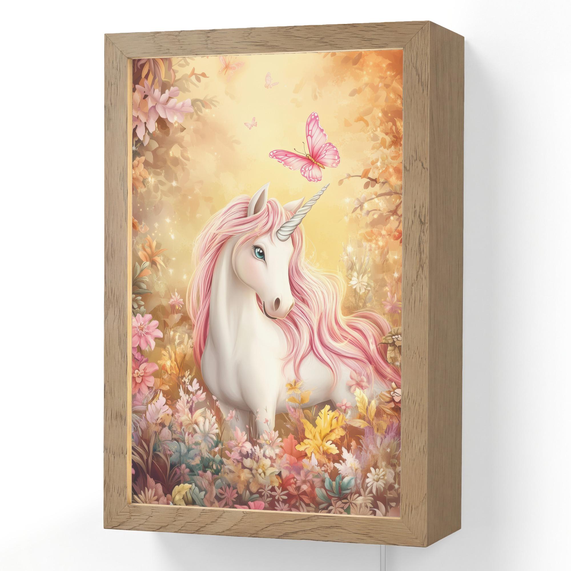 WANDLEUCHTE Einhorn - Blumen - Schmetterling - Rosa 20x30 cm - Beige, Holzwerkstoff (20/30/8cm) - OnlyWow