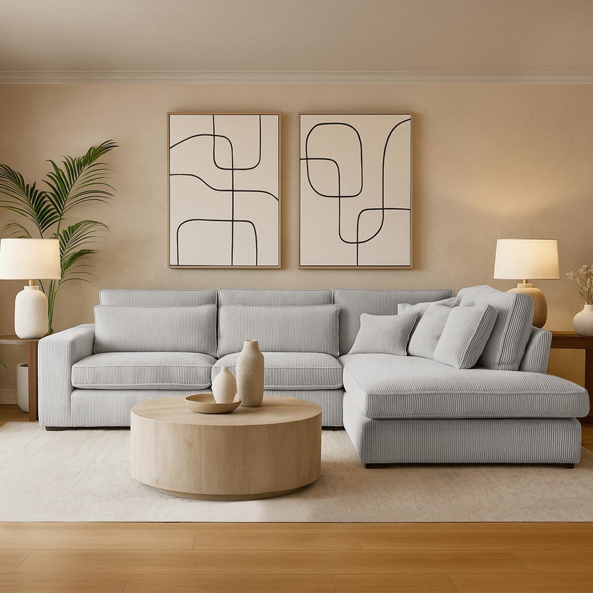 ECKSOFA Parma ohne Schlaffunktion, Cord-Stoff, Graubeige, Rechts - Hellgrau/Schwarz, Textil (314/224cm) - Beautysofa