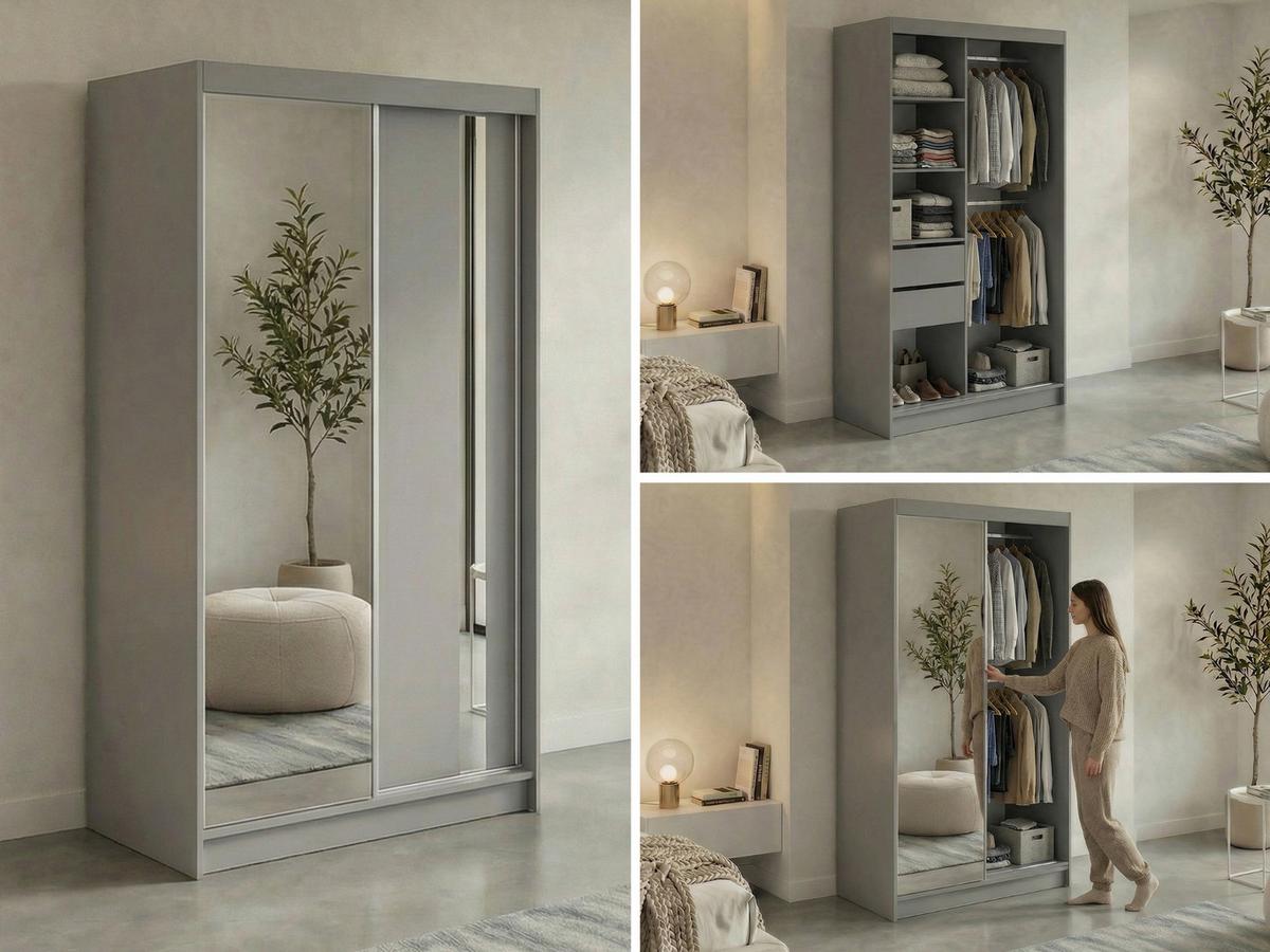 SCHWEBETÜRENSCHRANK mit Schubladen 120 - GRECJA - Grau mit Spiegel - Alufarben/Grau, Holzwerkstoff/Metall (120/216/61cm) - MKS