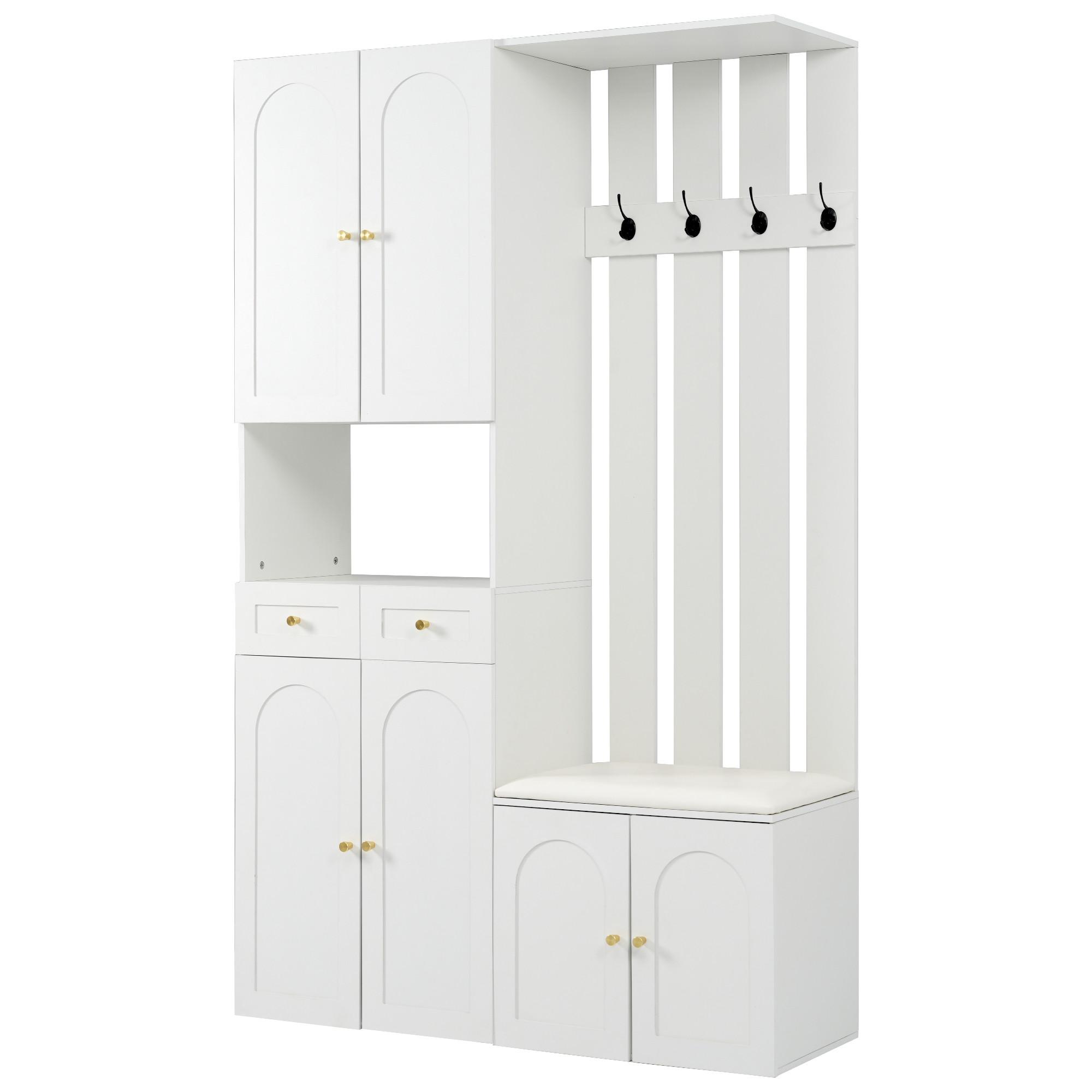 KLEIDERSCHRANK Wandgarderobe mit Schuhbank, 4 Haken, 6 Türen, 2 Schubladen, Weiß - Weiß, Holzwerkstoff (110/180/37cm) - Urban Meuble