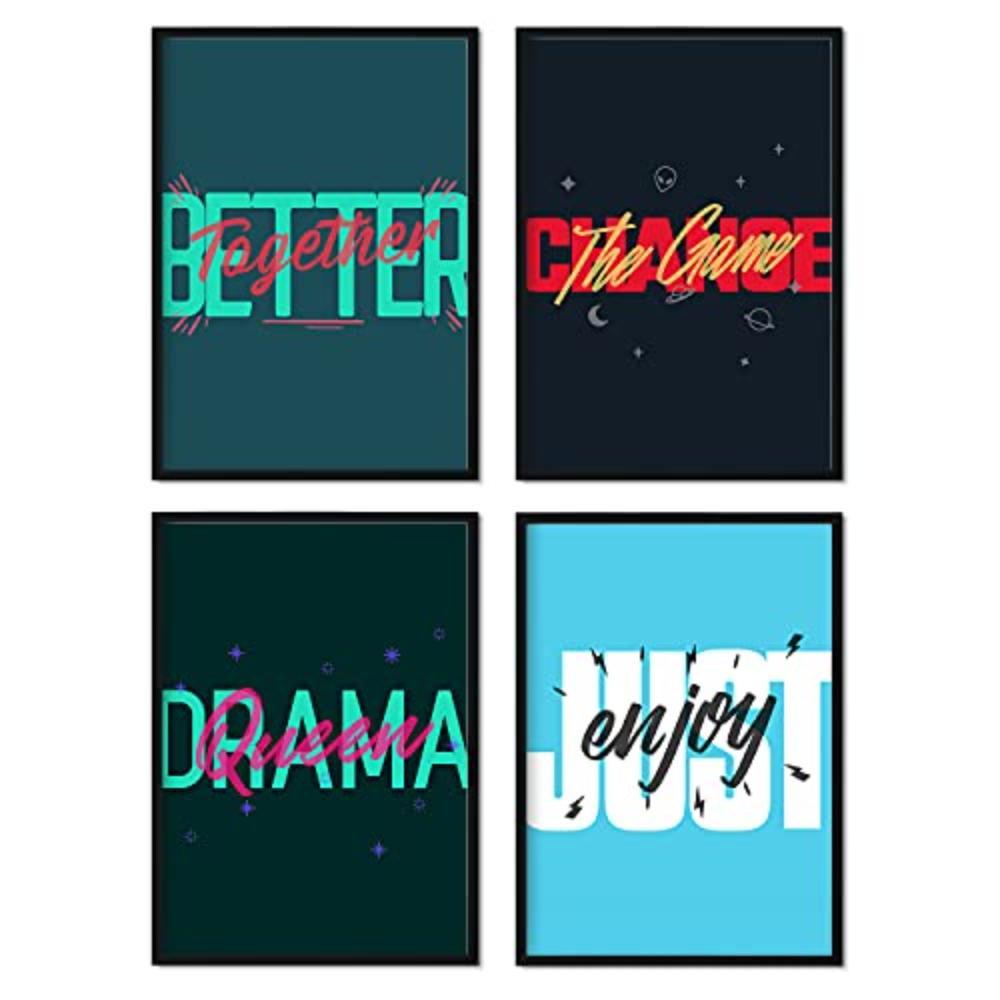 POSTER Set mit 4 blauen und grünen Etikettendesign und Motivationsnachrichten A4 Schwarzer Rahmen - Schwarz, Papier (29.7/3cm) - Nacnic