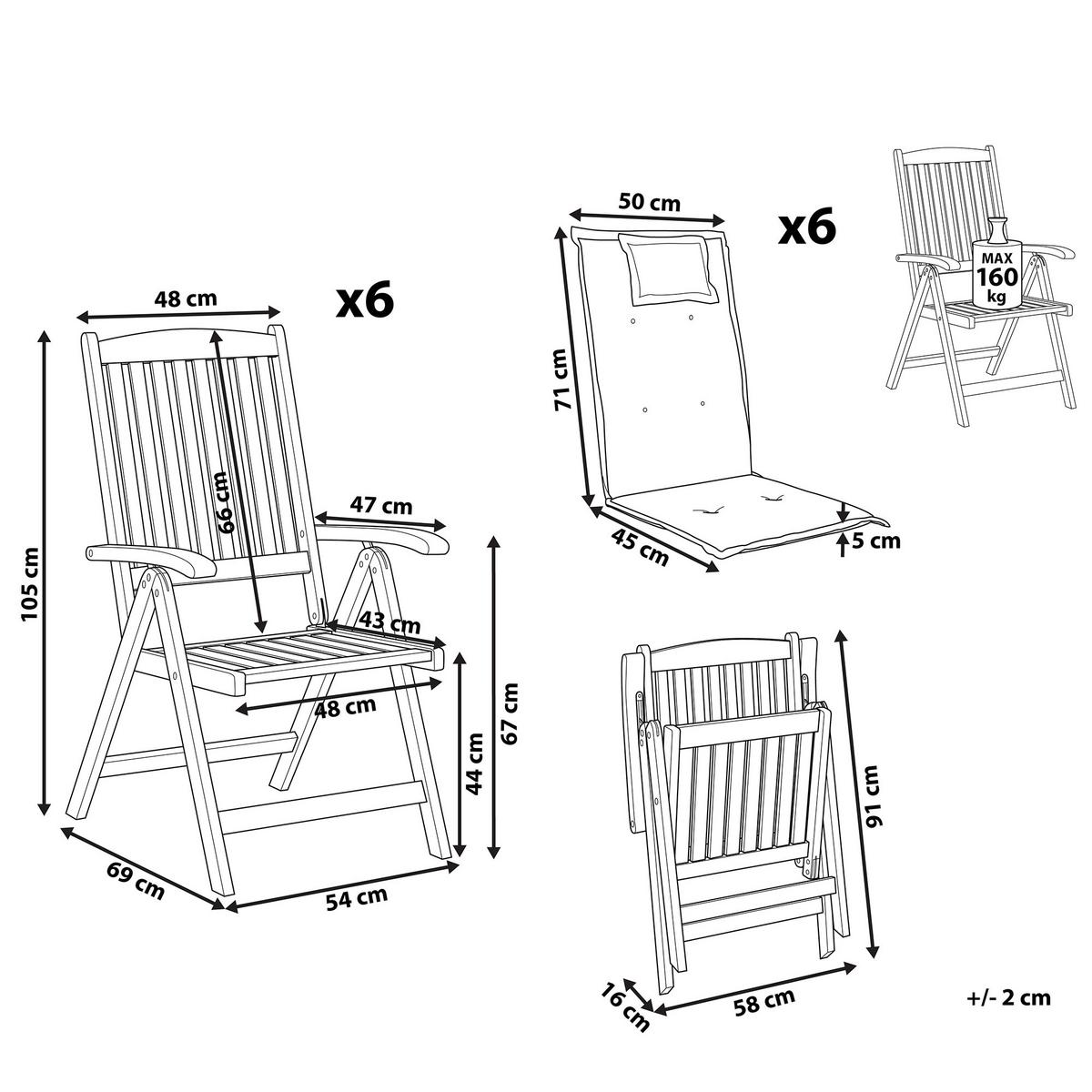 GARTENSTUHL 6er-Set Akazienholz hellbraun Auflagen cremeweiß Java - Hellbraun/Creme, Holz (54/105/69cm) - Beliani