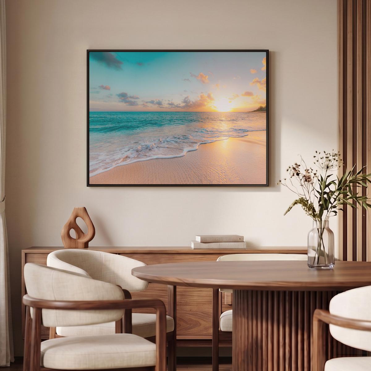 LEINWAND Bilder mit Rahmen - Sonnenuntergang - Strand - Meer - Sommer - Blau - 100x70 - Multicolor, Textil (100/70cm) - MuchoWow