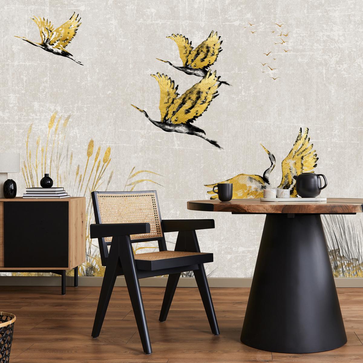 FOTOTAPETE Vögel Pflanzen Beton Abstraktion 250x175 - Gelb/Beige, Papier (250/175cm) - Muralo
