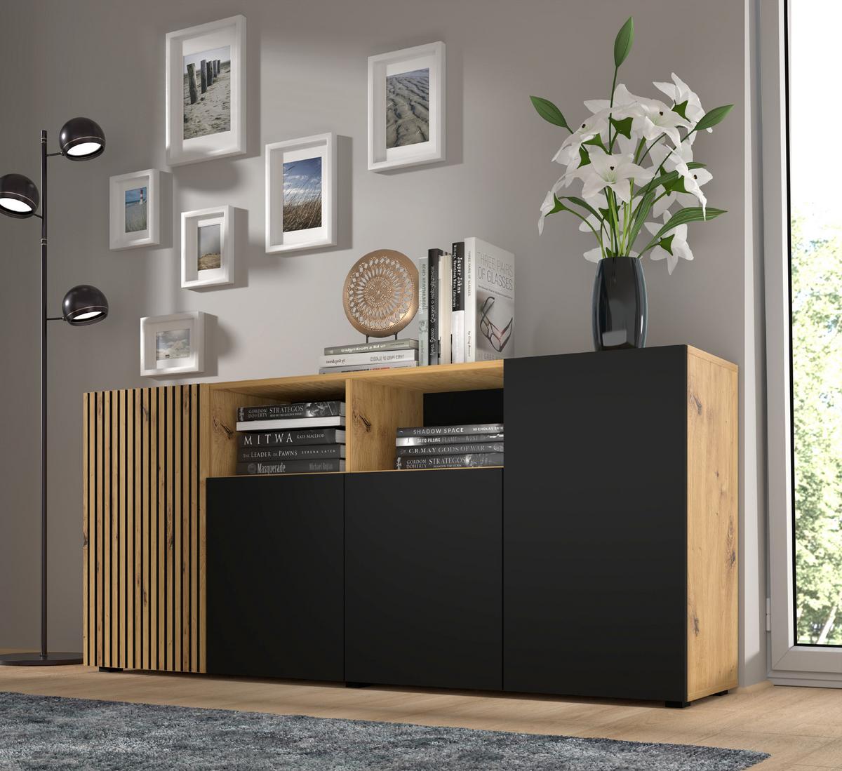 KOMMODE Artisan Eiche, Schwarz 180/82/42 - Schwarz, Holzwerkstoff (180/82/42cm) - RAUMHIRSCH FURNITURE