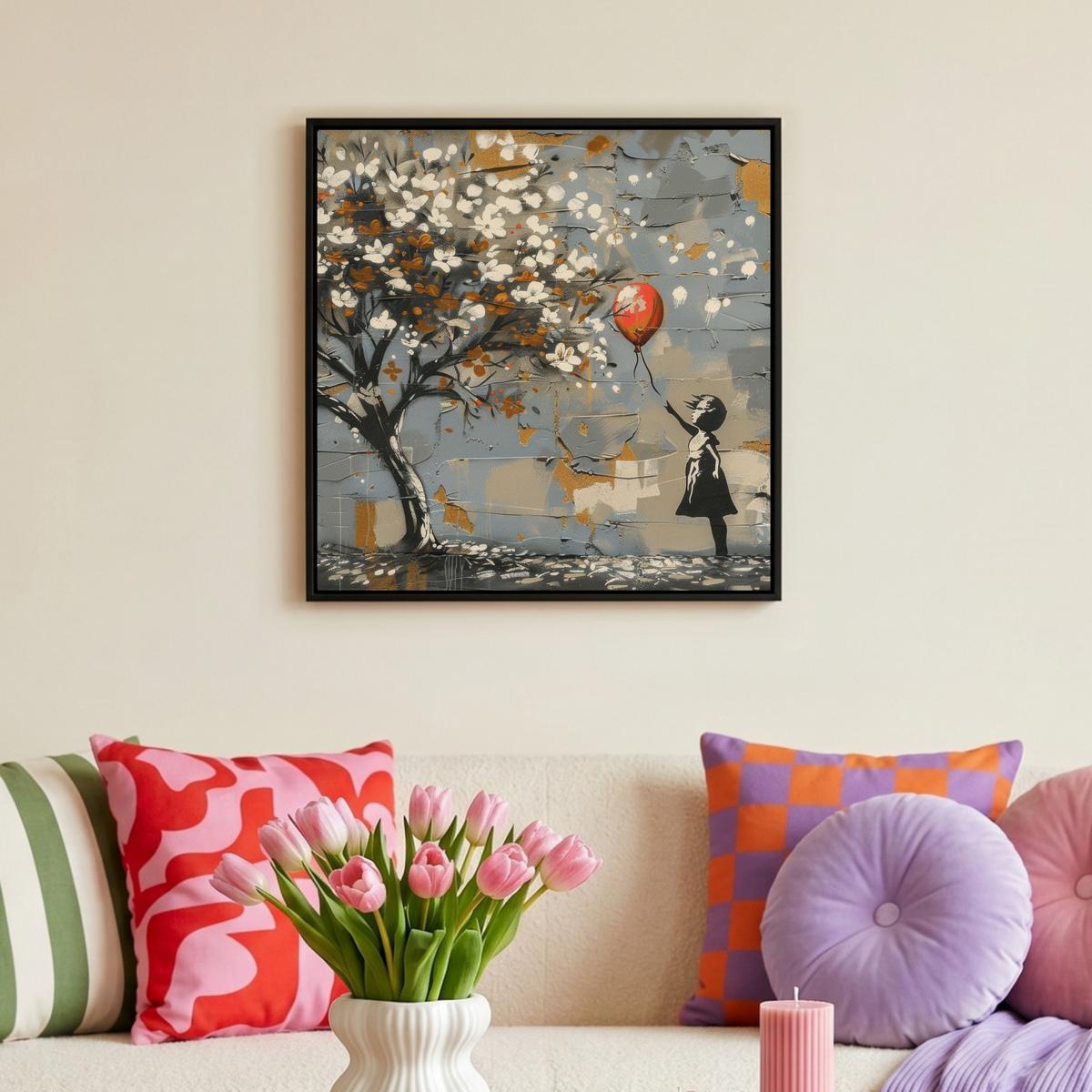 LEINWAND Bilder mit Rahmen - Baum - Graffiti - Banksy-Stil - Ballon-Mädchen - 50x50 - Blaugrau, Textil (50/50cm) - MuchoWow