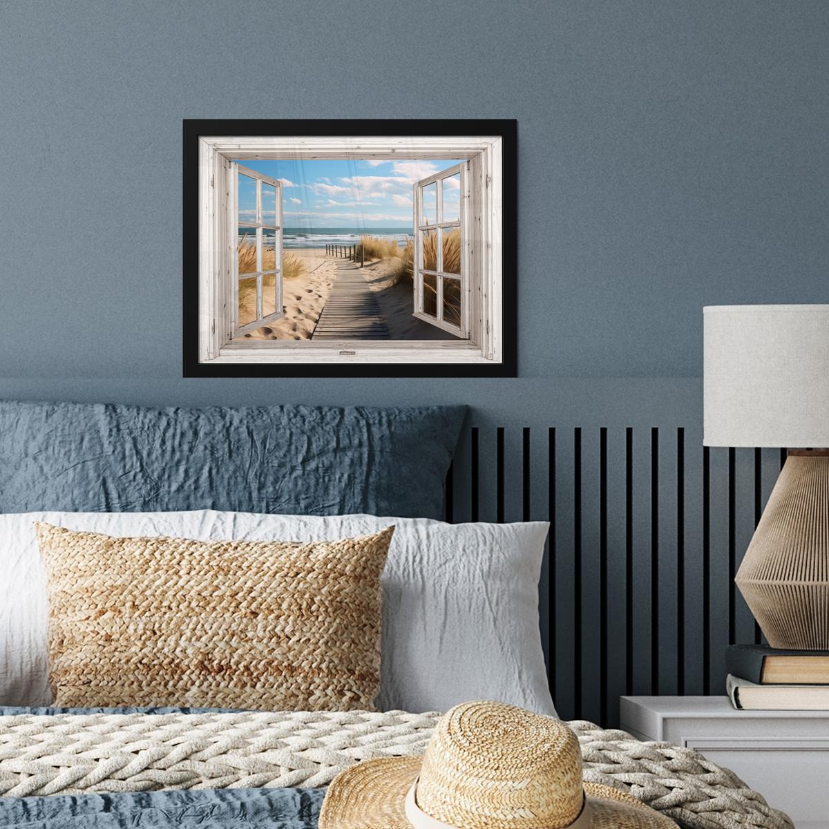POSTER MIT RAHMENGERAHMTES BILD Fenster - Meer - Küste - Natur - Ausblick - Strand - Wattenmeer 40x30 cm - Beige, Papier (40/30cm) - MuchoWow