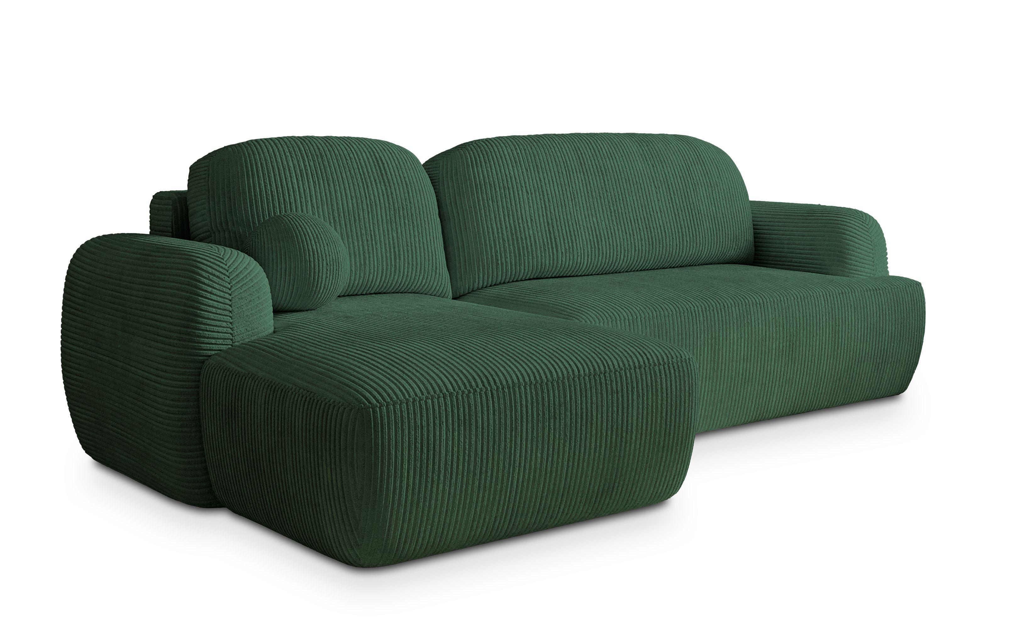 ECKSOFA MODENZA P L-S Grün Kordstoff mit Schlaffunktion - Schwarz/Grün, Holz/Kunststoff (266/148cm) - MASSENO