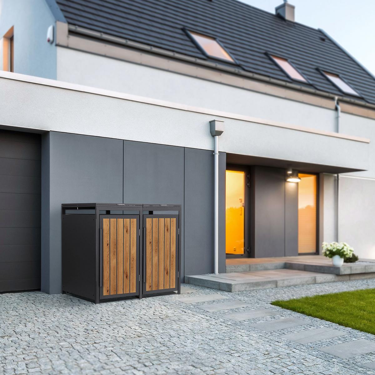MÜLLTONNENBOX 2er 240L 132x80x120 cm Anthrazit-Eiche hell aus Stahl - Hellbraun, Metall (80/120/132cm) - ML-DESIGN