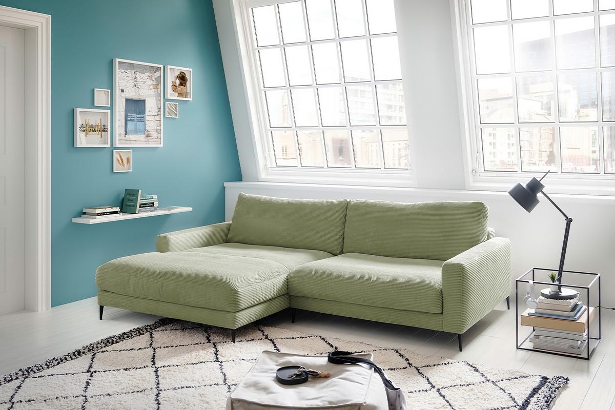 ECKSOFA CARA Grün Cord - Schwarz/Olivgrün, Textil/Metall (272/190cm) - KAWOLA