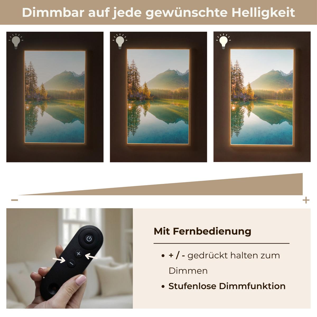WANDLEUCHTE MIT AKKU See - Wald - Berge - Natur - Sonne - Landschaft 70x100 cm - Grün, Holzwerkstoff (70/100/8cm) - OnlyWow