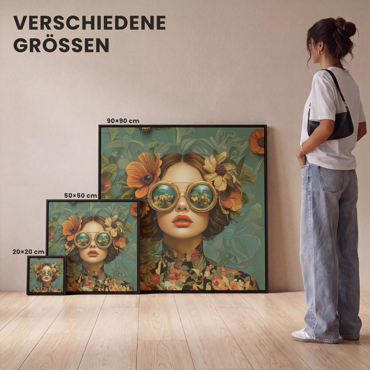 LEINWAND Bilder mit Rahmen - Frau - Blumen - Schmetterlinge - Natur - Vintage - 50x50 - Salbeigrün, Textil (50/50cm) - MuchoWow