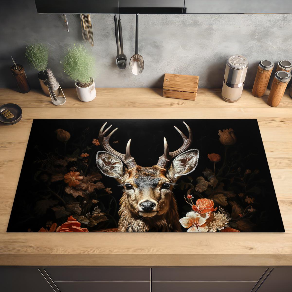 HERDABDECKPLATTE Hirsch - Tier - Blumen - Natur - Botanisch Induktionsschutz 89.6x51.6 cm - Kupferfarben, Kunststoff (89.6/51.6/0.2cm) - MuchoWow