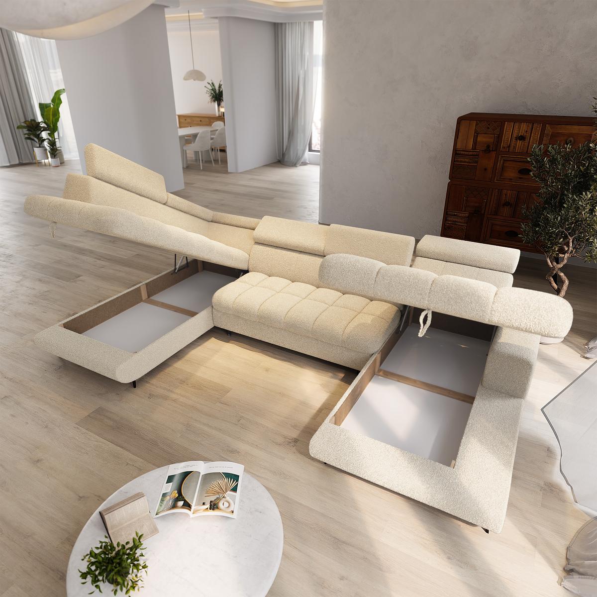 WOHNLANDSCHAFT CORENO Creme Boucle-Stoff mit Schlaffunktion - Creme, Holz (345/88/190cm) - MASSENO