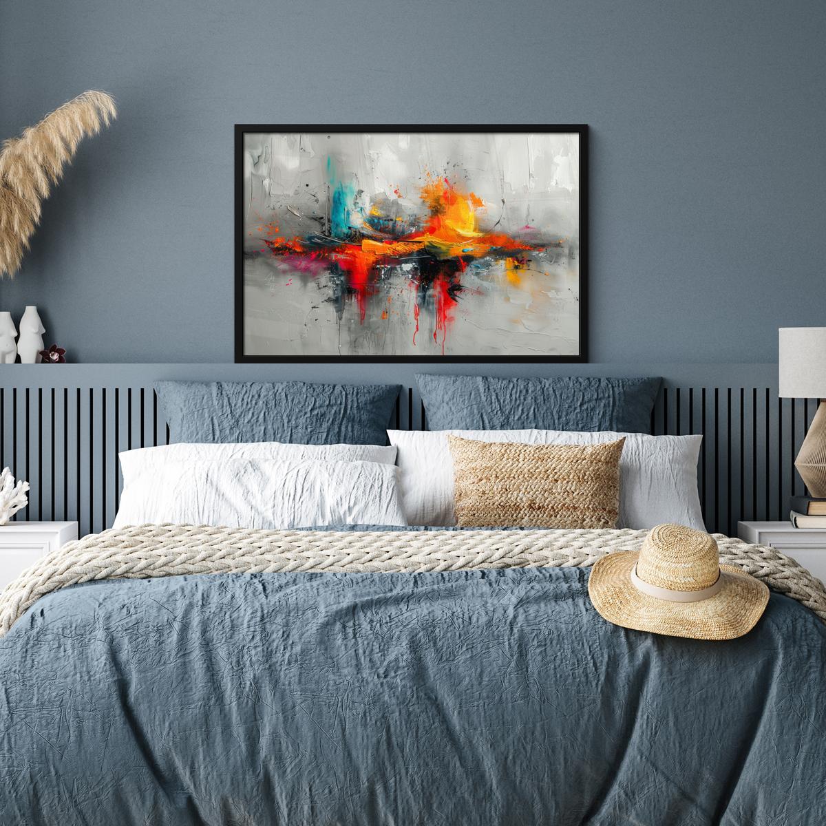 POSTER MIT RAHMENGERAHMTES BILD Moderne Kunst - Orange - Grau - Abstrakt 90x60 cm - Hellgrau, Papier (90/60cm) - MuchoWow