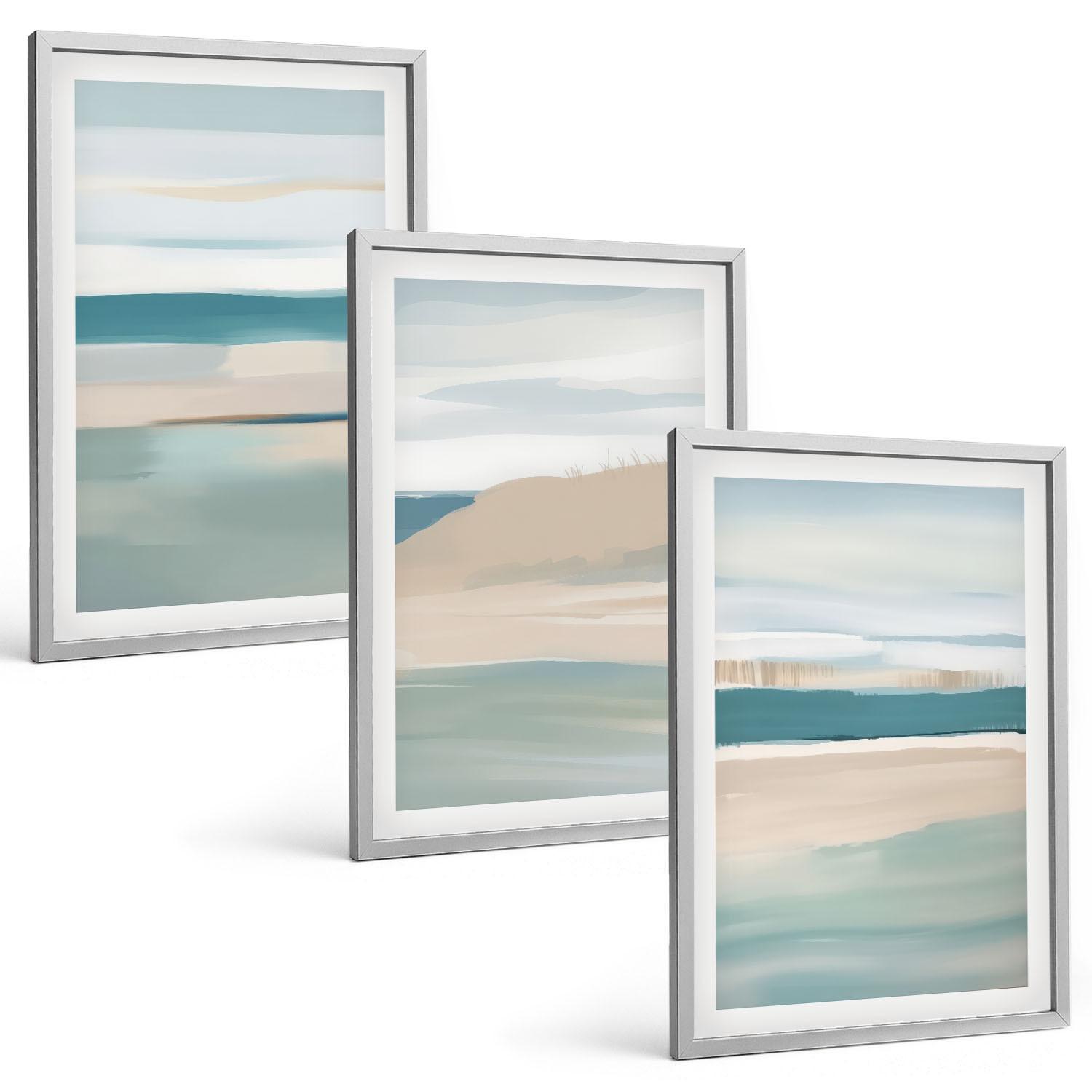 BILDER SET 3er Set - 40x60 cm Silberner Rahmen - Abstrakte blaue Landschaften - Silberfarben, Kunststoff (40/60cm) - TULUP