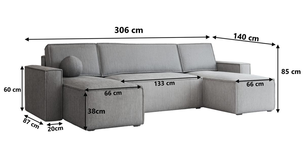 WOHNLANDSCHAFT PESANO T Graphitfarben Kordstoff mit Schlaffunktion - Graphitfarben/Grau, Holz/Kunststoff (306/85/140cm) - MASSENO