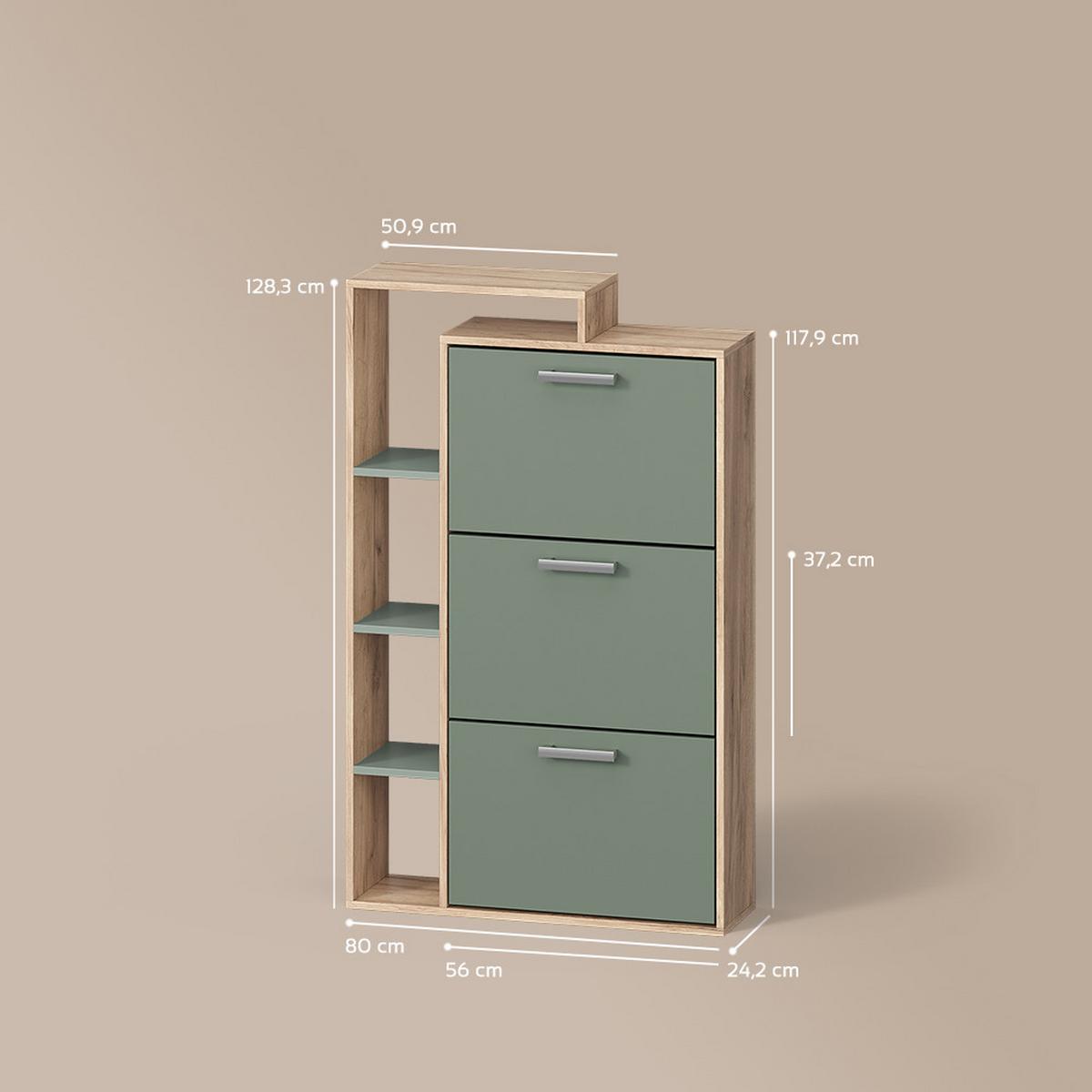 SCHUHKIPPER Ortello Goldkraft Eiche/Grün 80 x 128.3 cm mit 3 Fächern - Honigeiche/Grün, Holzwerkstoff (80/128.3/24.2cm) - Livinity®