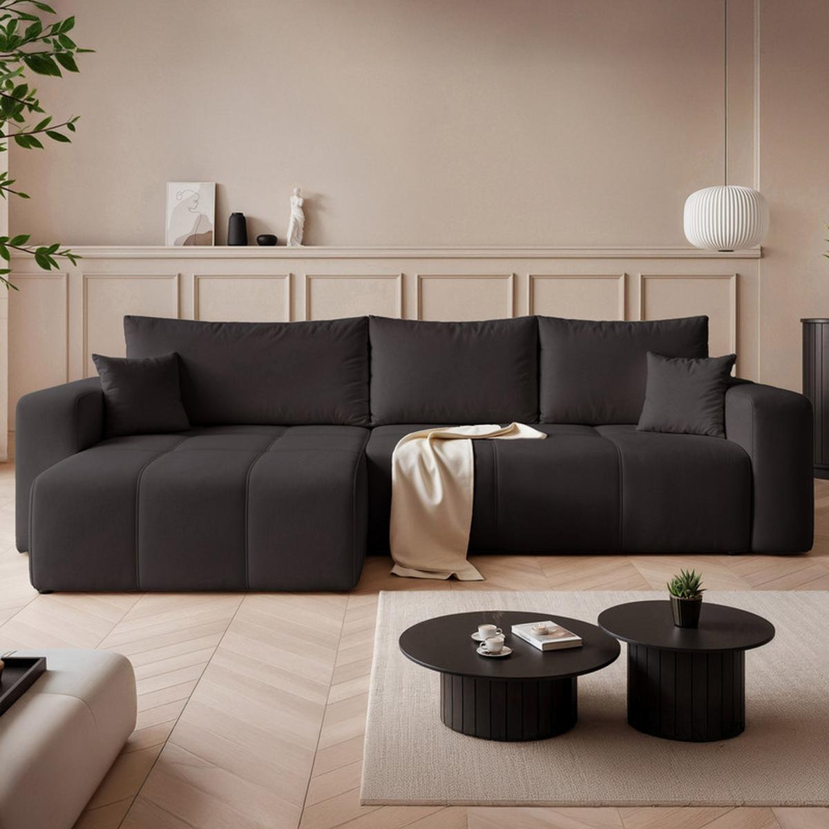 ECKSOFA PEDRO mit Schlaffunktion und Bettkasten Anthrazit - Schwarz, Holzwerkstoff/Textil (278/145cm) - Idohome