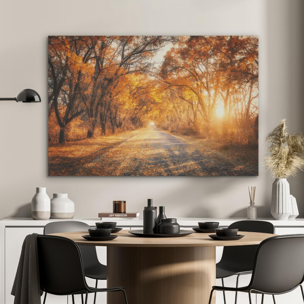 AKUSTIKBILD Wald - Herbst - Bäume - Waldweg - Natur Akustikpaneele 90x60 cm - Bernsteinfarben, Kunststoff (90/60/0.9cm) - MuchoWow