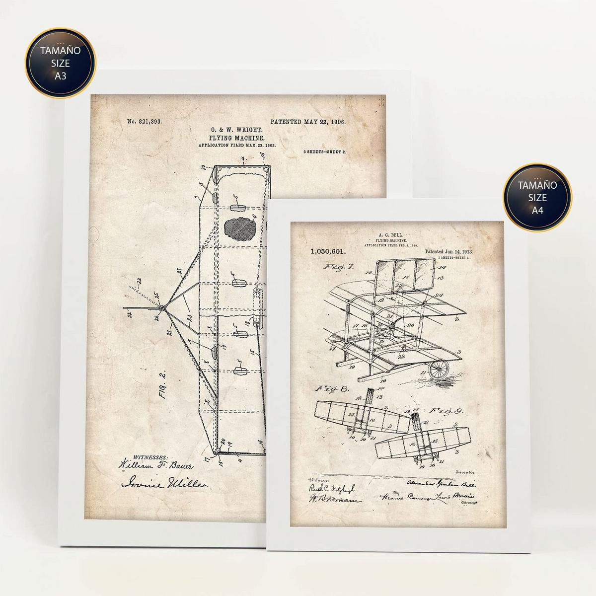 POSTER Set Mit 6 Plakaten Mit Flugzeug Patenten Im Vintage Stil A3 & A4 Weißer Rahmen - Weiß, Papier (29/3cm) - Nacnic