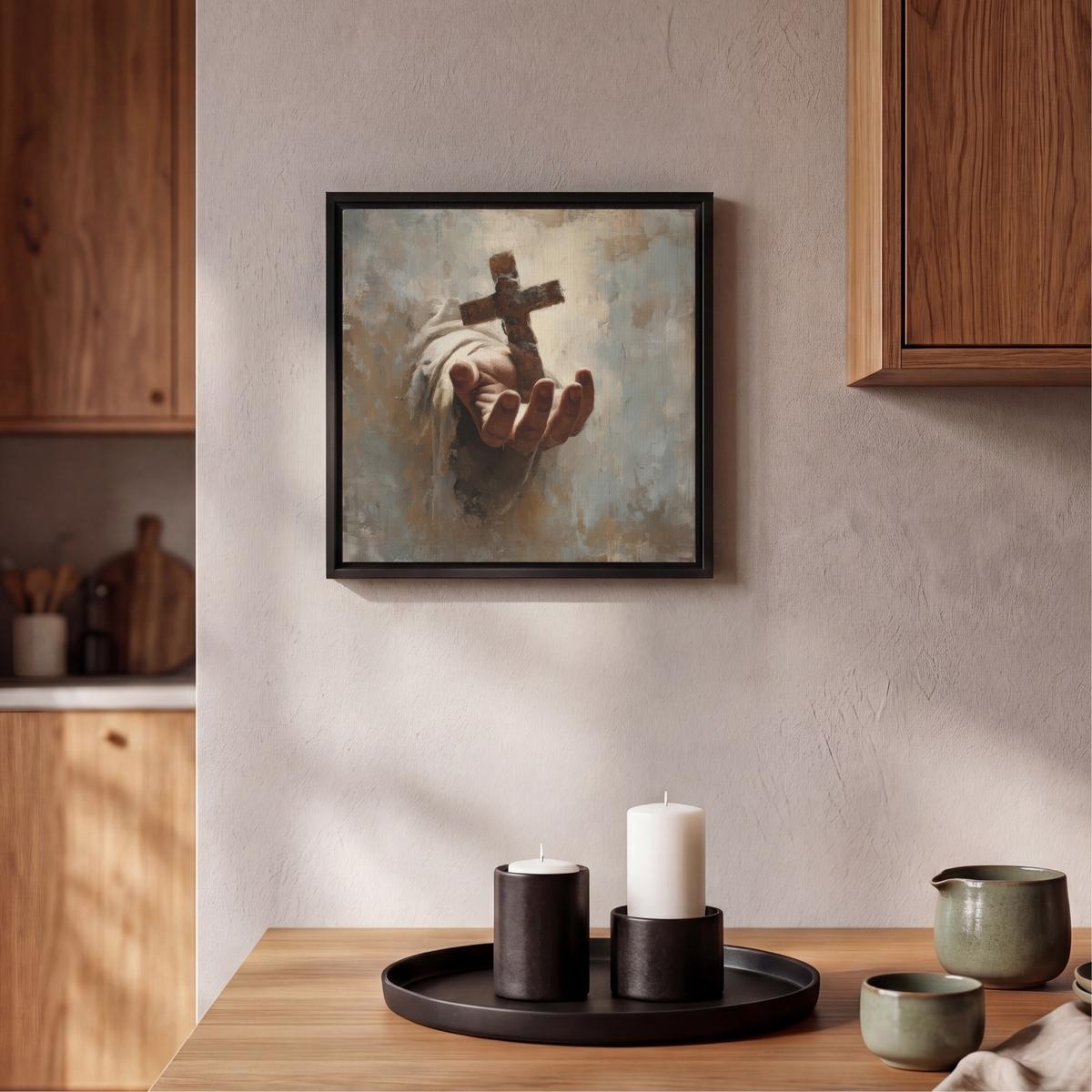LEINWAND Bilder mit Rahmen - Abstrakt - Kreuz - Hand - Christentum - 20x20 - Hellbraun, Textil (20/20cm) - MuchoWow