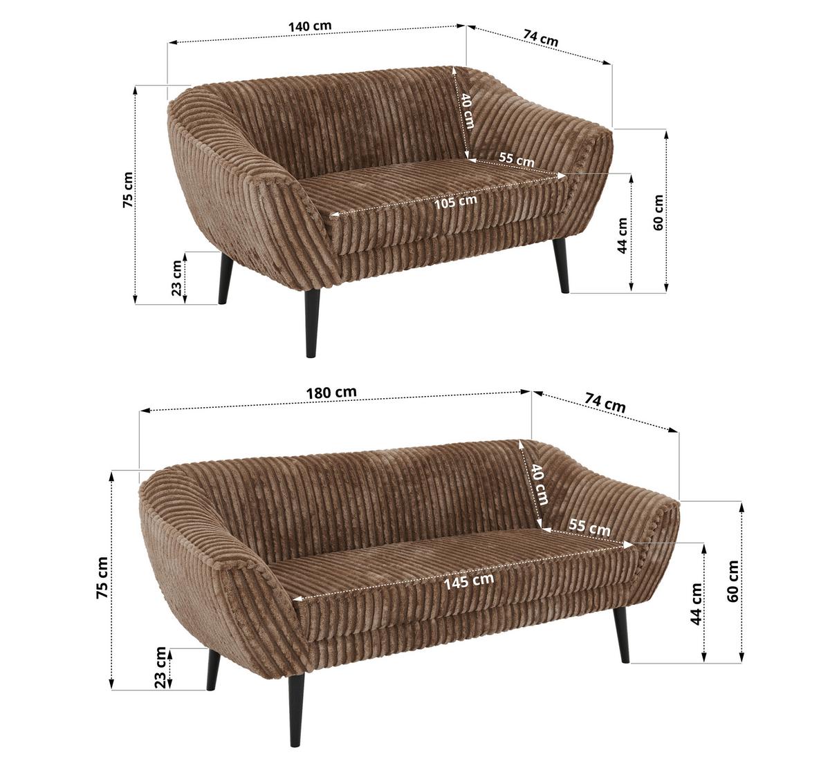 SITZGARNITUR PIRS 3+2 - Braun Cord - Schwarze Beine - Schwarz/Braun, Holzwerkstoff/Textil (180/75/74cm) - MKS