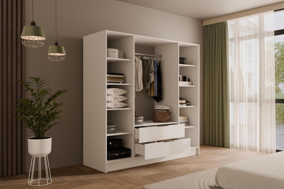 KLEIDERSCHRANK mit Spiegel und Flügeltüren KOLIN 200x200cm Weiß/Weiß - Weiß, Holzwerkstoff (200/200/51cm) - ALTDECOR
