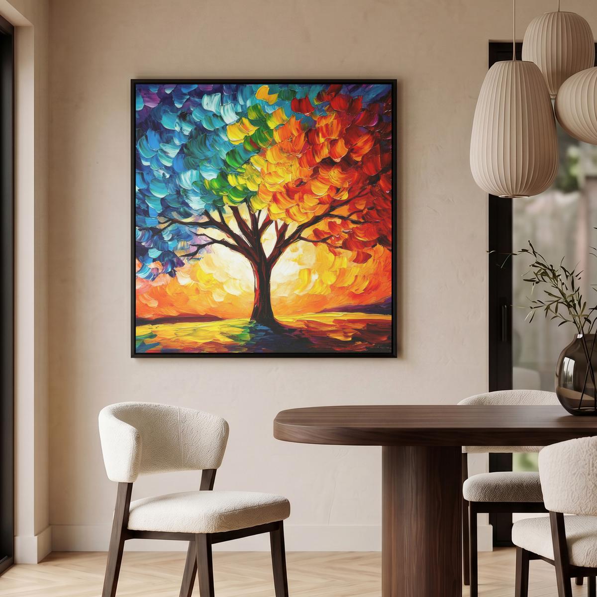 LEINWAND Bilder mit Rahmen - Baum - Kunst - Natur - Sonnenuntergang - 90x90 - Multicolor, Textil (90/90cm) - MuchoWow