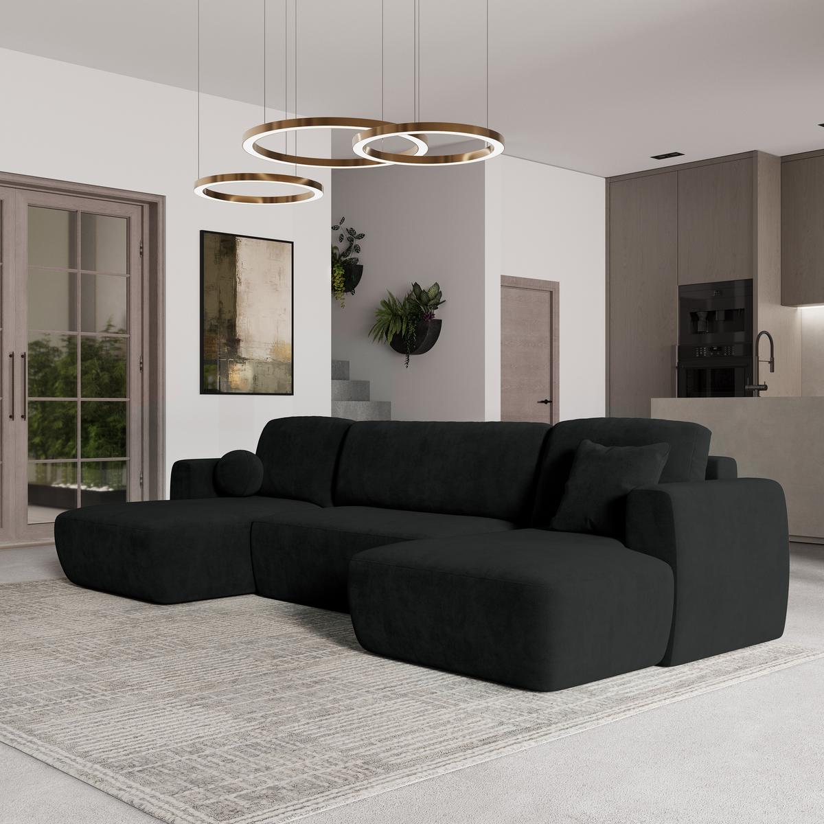 WOHNLANDSCHAFT SENTUM K Schwarz Plüsch-Stoff mit Schlaffunktion - Schwarz, Holz/Kunststoff (330/90/148cm) - MASSENO