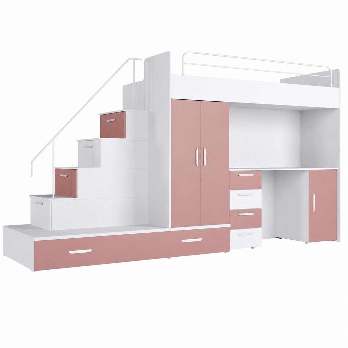 KINDERZIMMER Set RAJ 5, Matt mit Hochbett, Schrank und Schreibtisch - Altrosa/Weiß, Holzwerkstoff (320/180/86cm) - Lookway