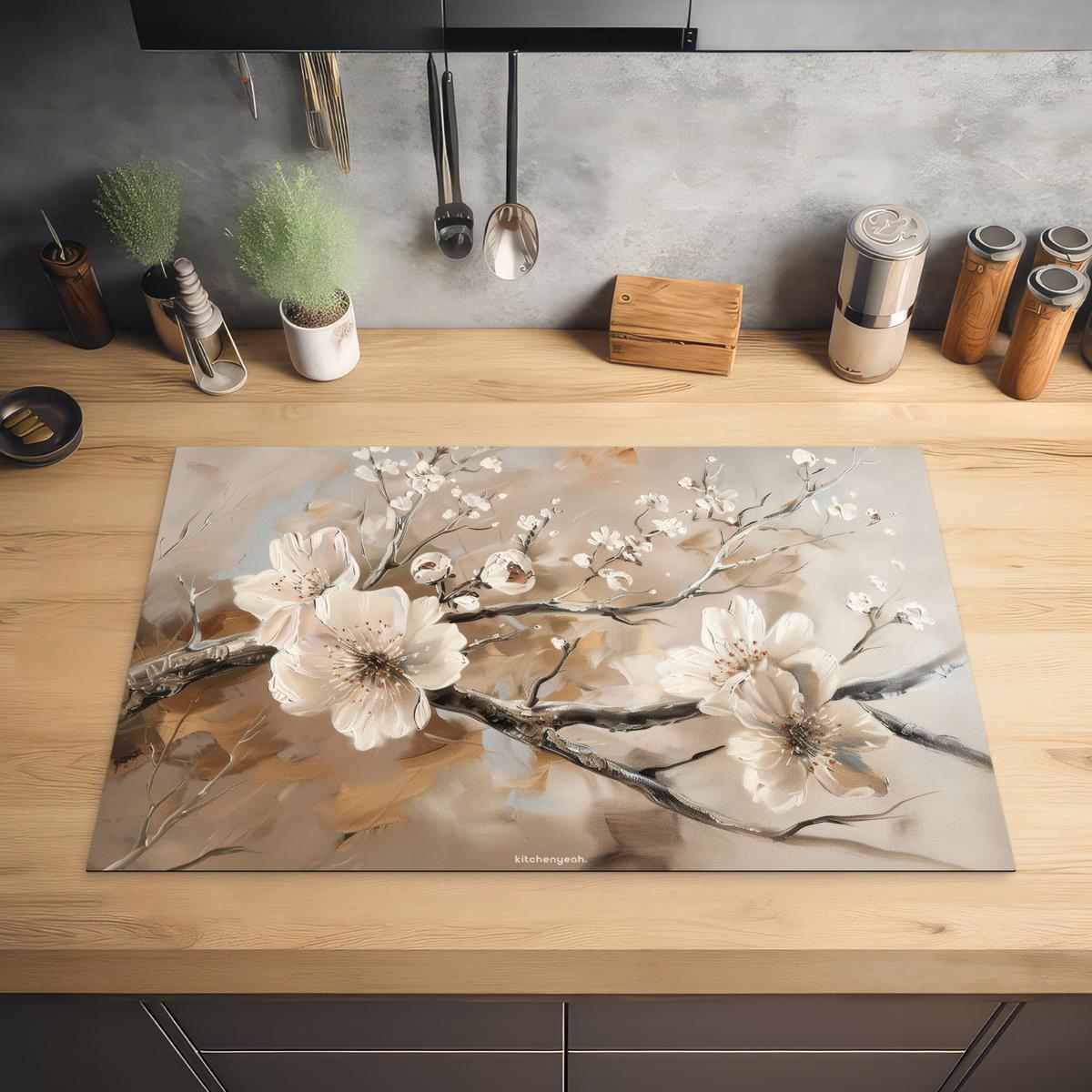 HERDABDECKPLATTE Blumen - Abstrakt - Gemalt - Beige Ceranfeldabdeckung 80x52 cm - Kaschmir, Kunststoff (80/52/0.2cm) - MuchoWow
