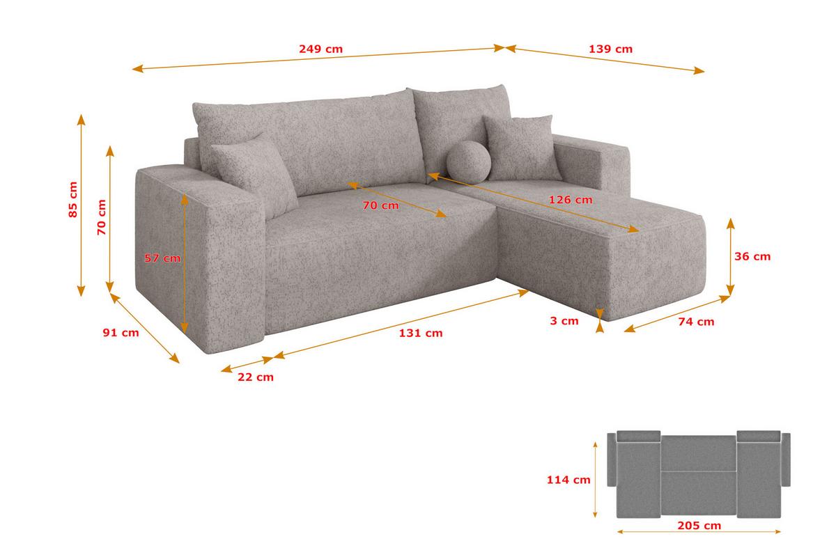 ECKSOFA mit Schlaffunktion Ottomane Rechts SENO-L 249x139x85 Hellgrau Velours - Hellgrau/Schwarz, Holzwerkstoff/Kunststoff (249/139cm) - ALTDECOR