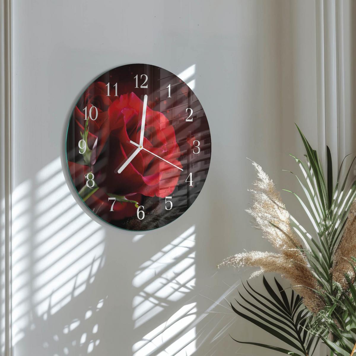 WANDUHR aus Glas Ø30 cm - Rosen - Rot, Glas (30/30/0.4cm) - TULUP