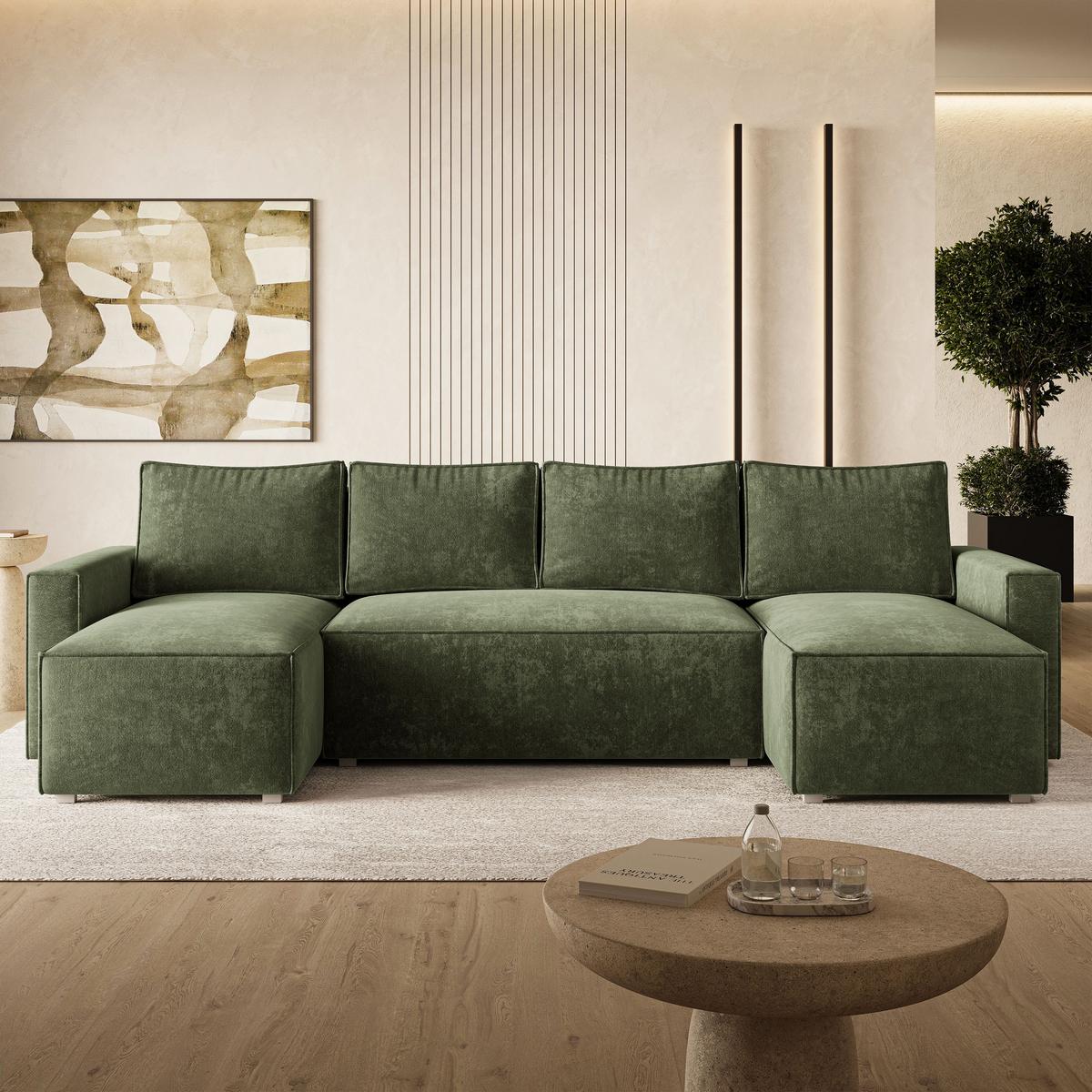 WOHNLANDSCHAFT ASPRA LM Grün Chenille mit Schlaffunktion - Grün, Holz (295/85/140cm) - MASSENO