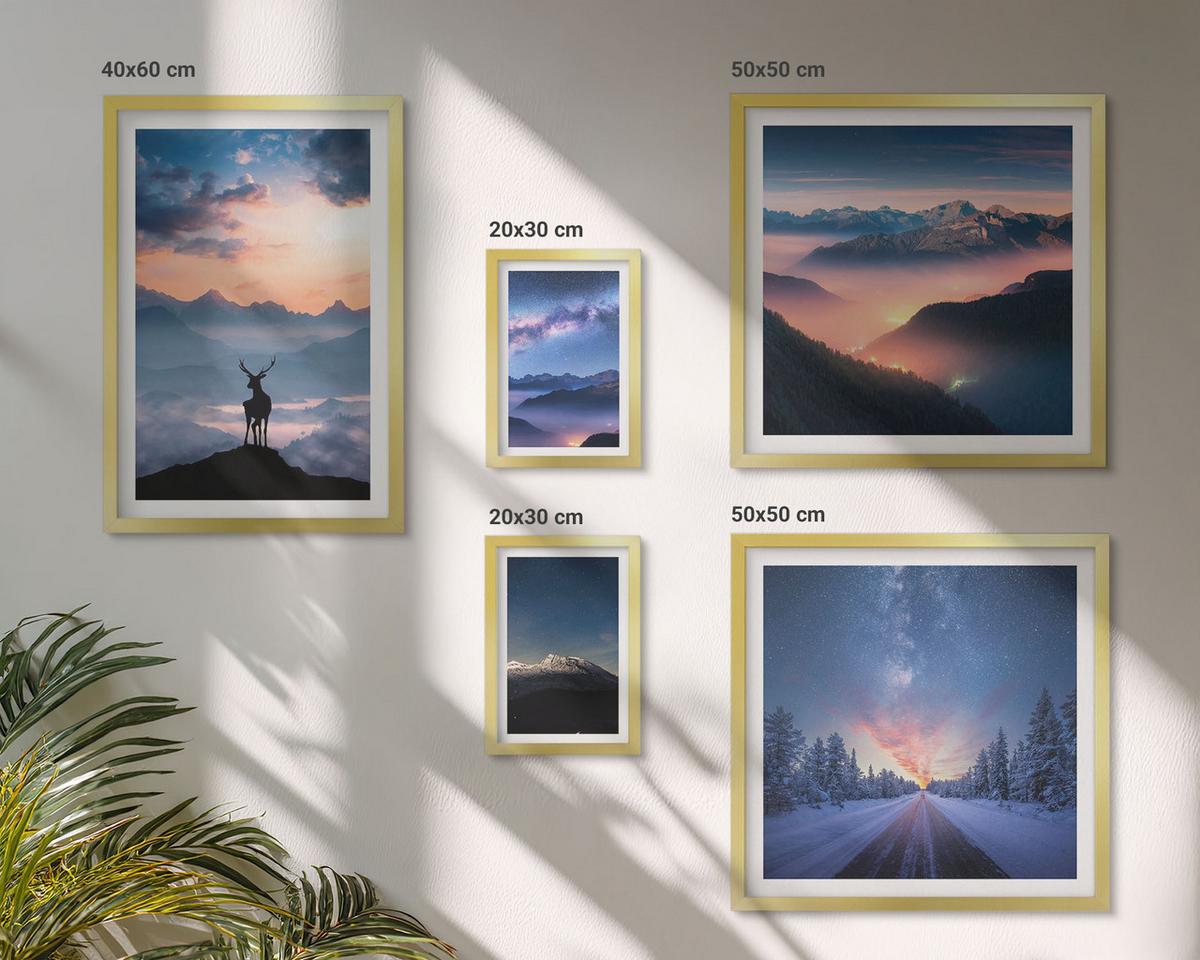 BILDER SET 5er Set - 50x50 cm & 20x30 cm & 40x60 cm Goldrahmen - Nachthimmel Berge Nebel Hirsch - Goldfarben, Kunststoff (40/60cm) - TULUP
