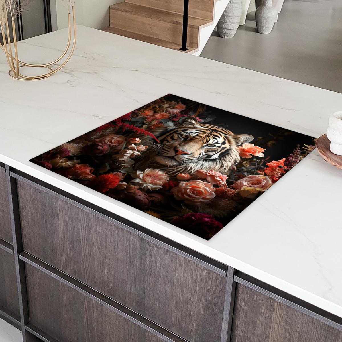 HERDABDECKPLATTE Tiger - Tier - Natur - Floral - Botanisch Induktionsmatte 78x78 cm - Orange, Kunststoff (78/78/0.2cm) - MuchoWow