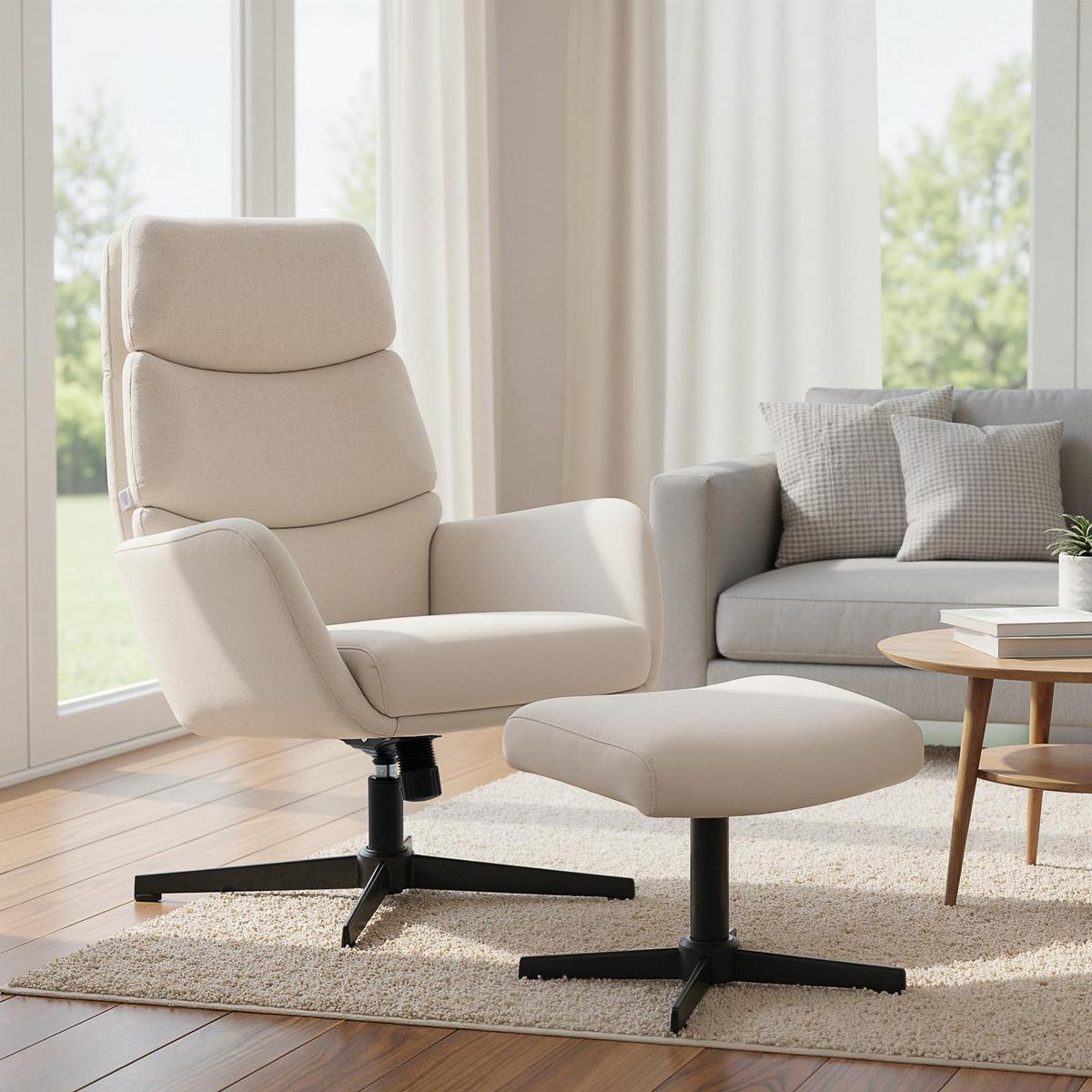RELAXSESSEL mit Hocker, Fernsehsessel mit hoher Rückenlehne Wippfunktion Beige - Beige/Schwarz, Textil/Metall (66/99/75cm) - HOMCOM