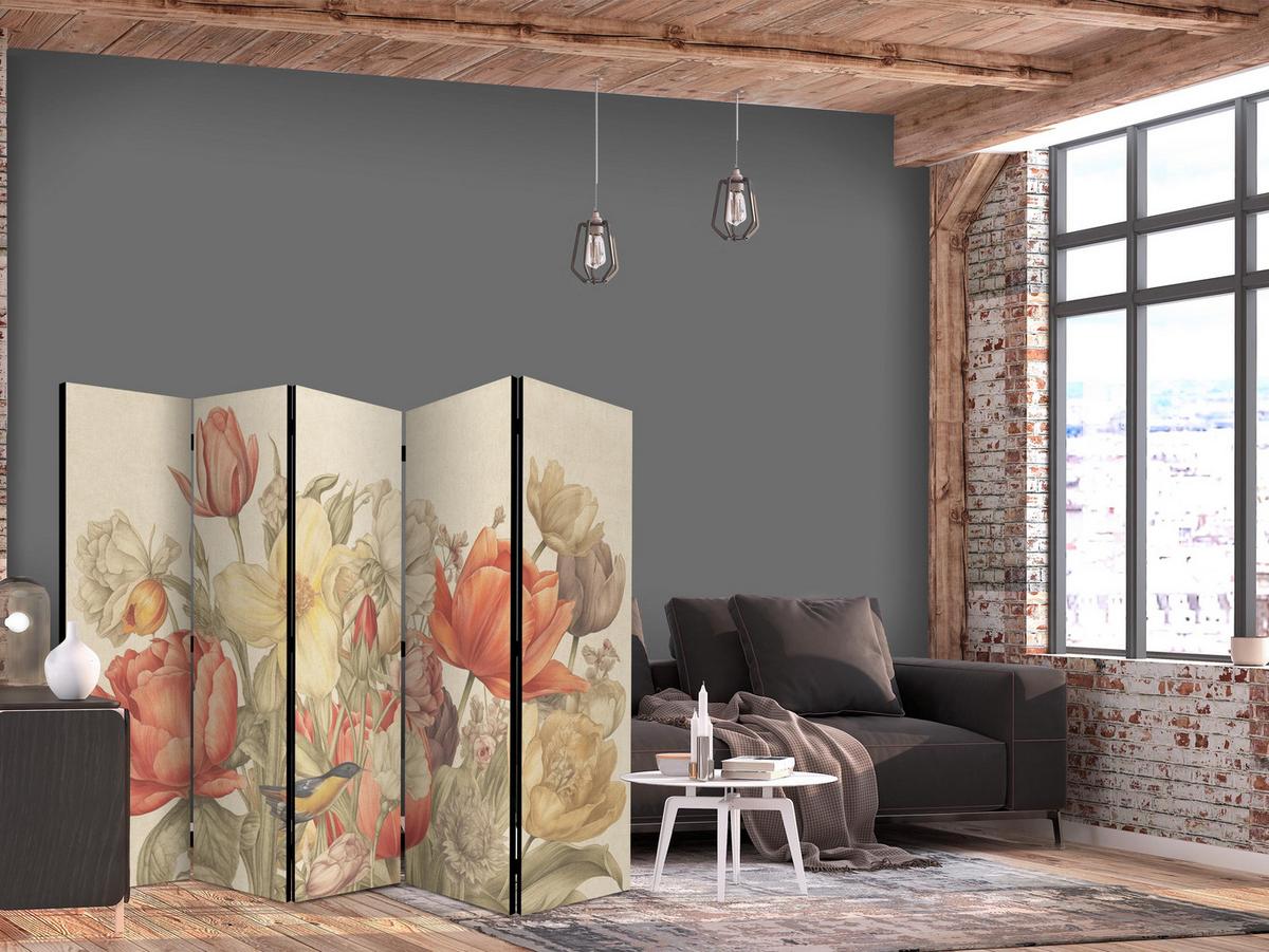 PARAVENT Beidseitig Bedruckter 5-tlg 225x172 cm Retro Tulpen - Multicolor, Holz/Textil (225/172/3cm) - Muralo