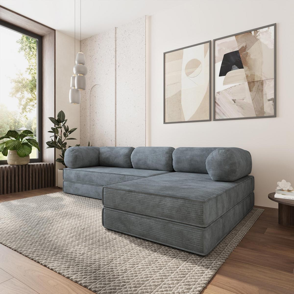 ECKSOFA ETERA modulares Boneless Sofa mit Schlaffunktion Grau Kordstoff - Grau, Textil (270/160cm) - MASSENO
