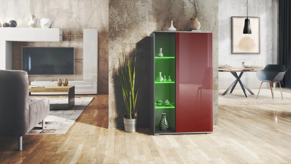 VITRINE Davos Bordeaux Hochglanz - Bordeaux, Holzwerkstoff (71.5/134/35cm) - Vladon