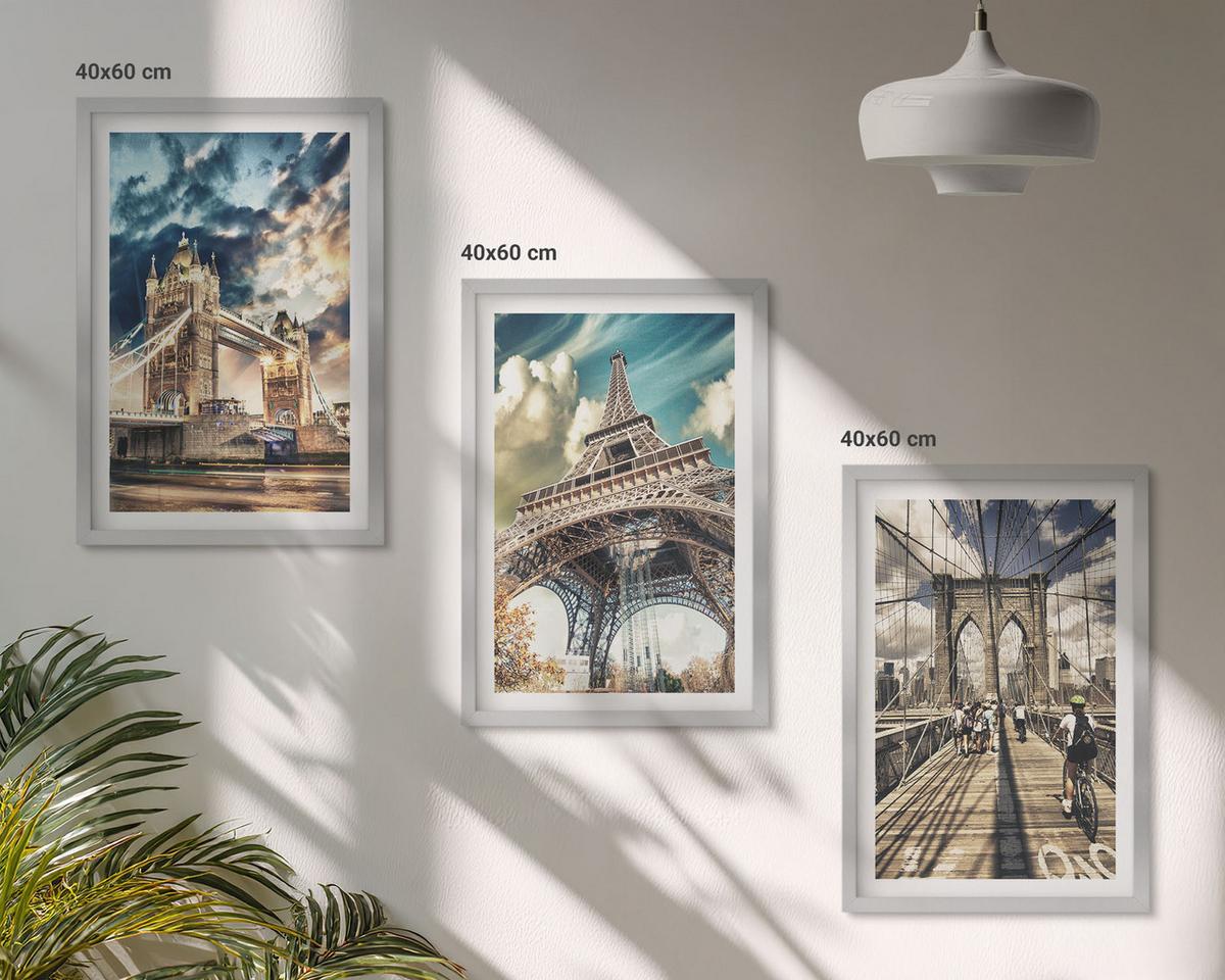 BILDER SET 3er Set - 40x60 cm Silberner Rahmen - Brücken, Türme, europäische Städte - Silberfarben, Kunststoff (40/60cm) - TULUP