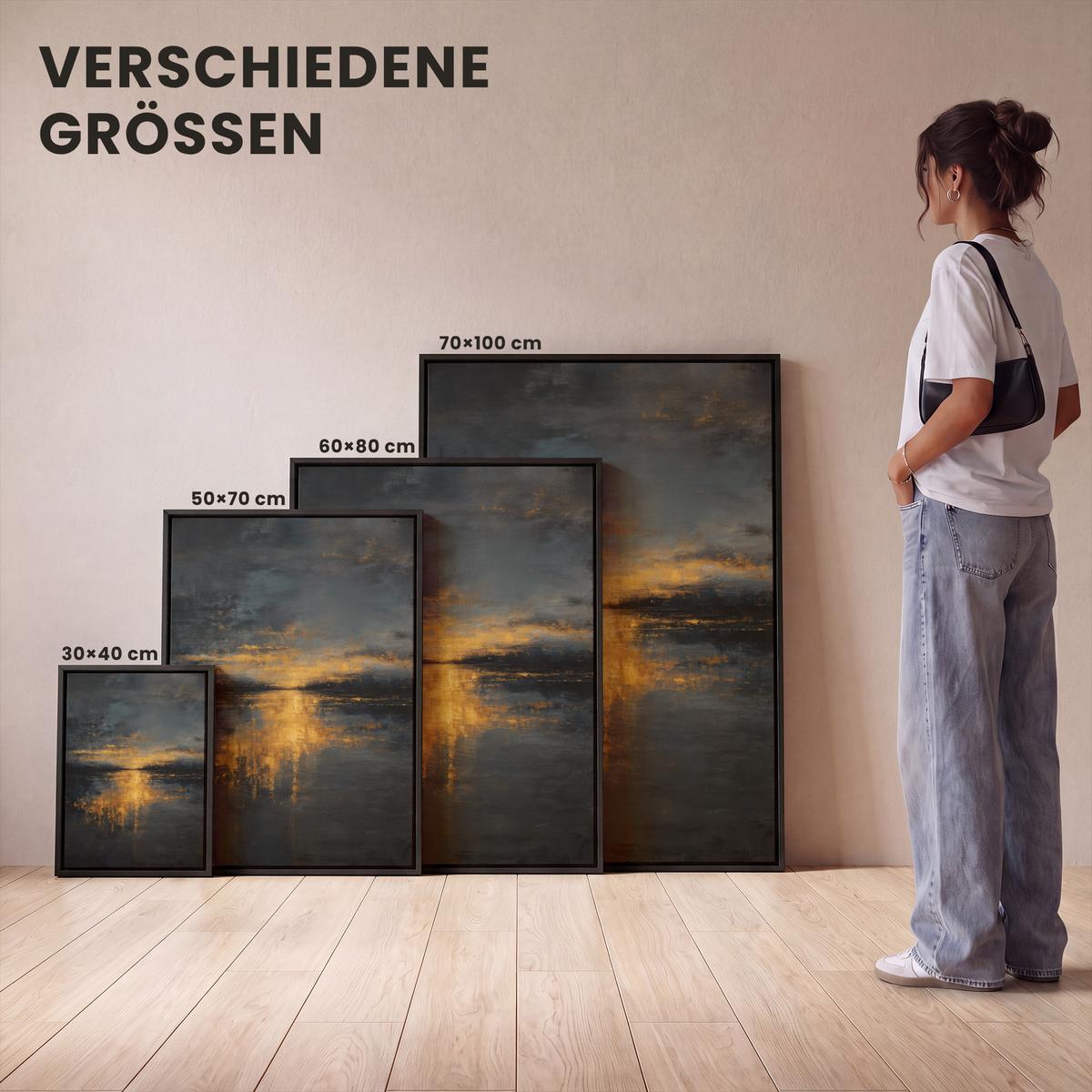 LEINWAND Bilder mit Rahmen - Goldene Reflexion auf dem Wasser - 50x70 - Anthrazit, Textil (50/70cm) - MuchoWow