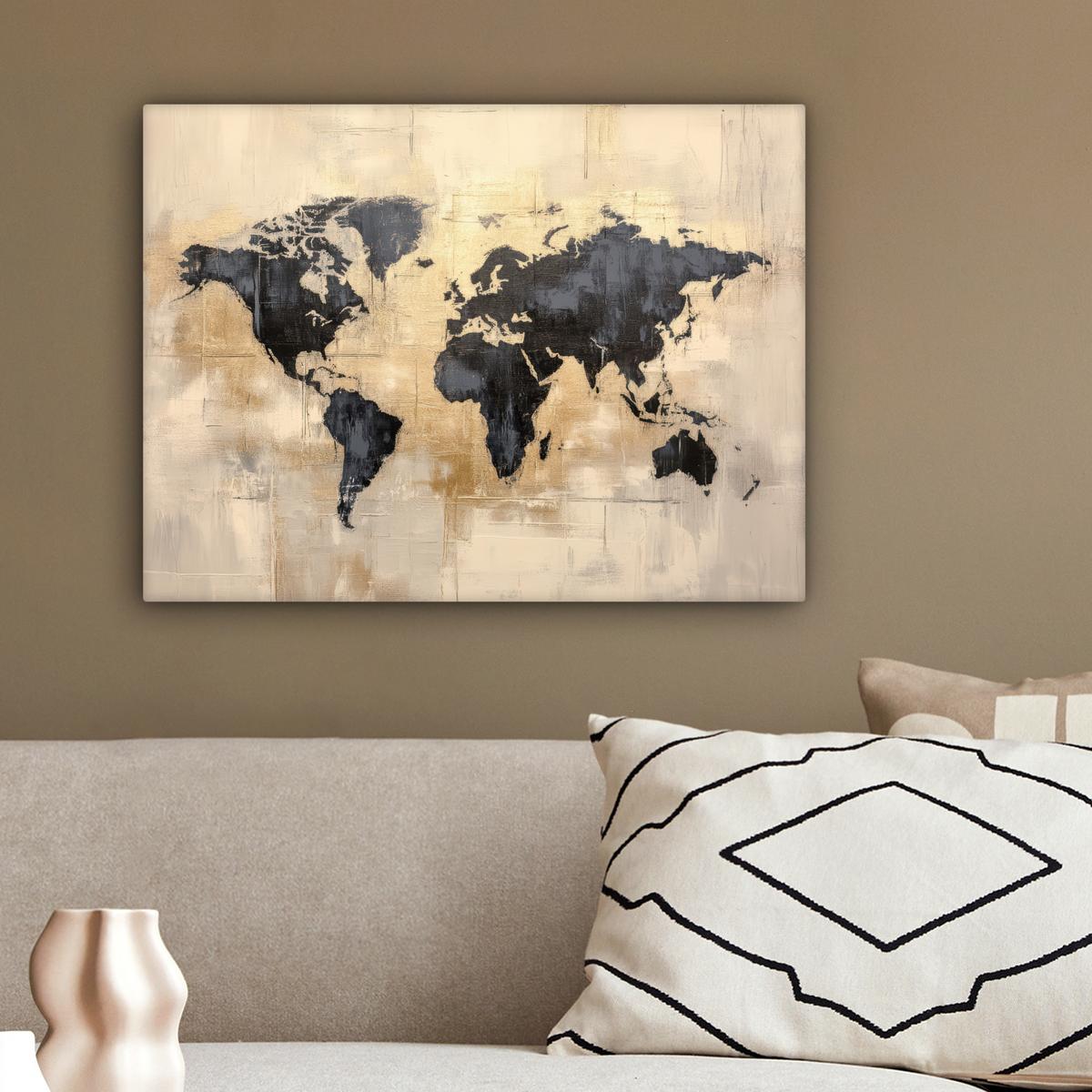 LEINWANDBILD Weltkarte - Gold - Schwarz - Abstrakt Wandbild 40x30 cm - Kupferfarben, Textil (40/30cm) - MuchoWow
