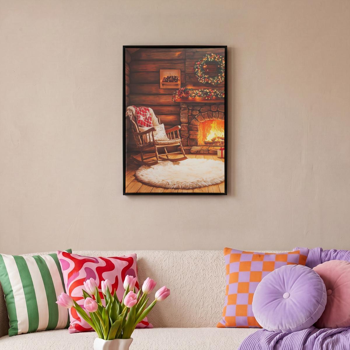 LEINWAND Bilder mit Rahmen - Winter - Weihnachten - Zuhause - Kamin - 40x60 - Bernsteinfarben, Textil (40/60cm) - MuchoWow
